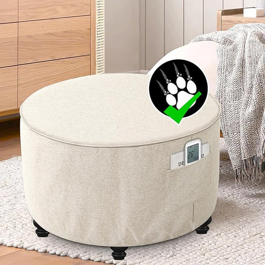 H.VERSAILTEX Ottoman Cover Round Thick Linen Look Ottoman Slipcover Round Ottoman Storage Cover Folding Stool Covers Furniture Protector Cover for Footrest Ottoman Fit Dia 36" - 38", Heather Ivory