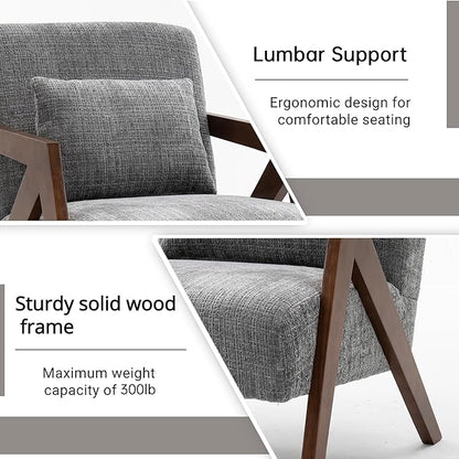 Mid-Century Modern Accent Chair Set of 2 with Solid Wood Frame，Upholstered Chenille Living Room Arm Chairs with Pillow for Bedroom, Living Room, Reading Room, Balcony, Grey