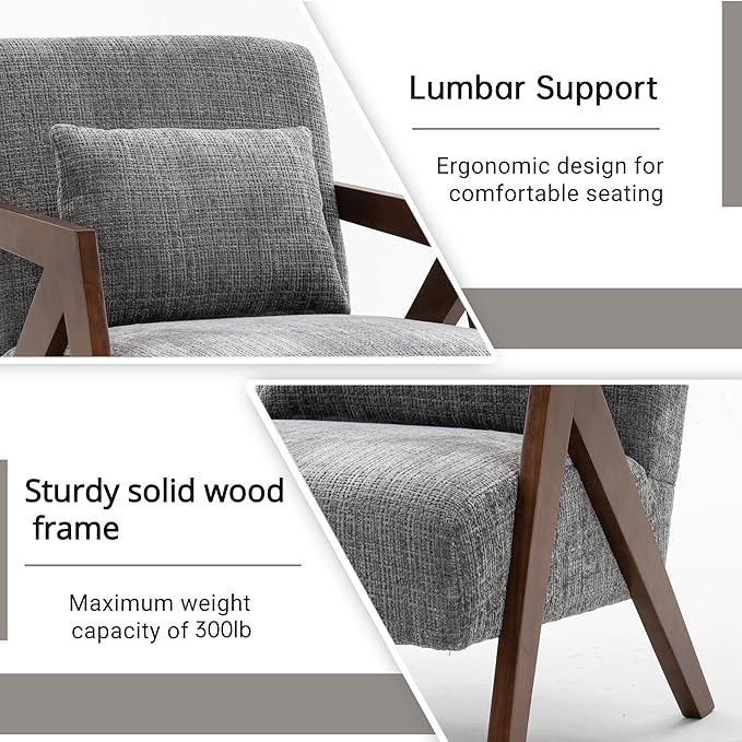 Mid-Century Modern Accent Chair with Solid Wood Frame，Upholstered Chenille Living Room Arm Chairs with Pillow for Bedroom, Living Room, Reading Room, Balcony, Grey
