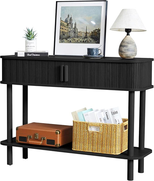 RARZOE Console Table with Storage, Fluted Entryway Table with Sliding Door&Open Shelf, Sofa Table Behind Couch, Mid-Century Modern Accent Table for Hallway, Entrance, Foyer, Fully Assembled(Black)