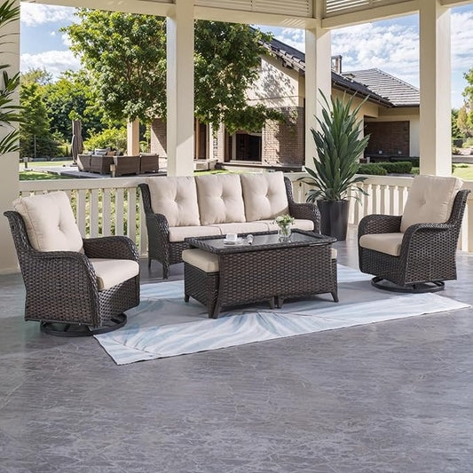HUMMUH Patio Furniture 6 Pieces Outdoor Furniture Set Wicker Outdoor Sectional Sofa with Swivel Rocking Chairs,Patio Ottomans,Outdoor Coffee Table