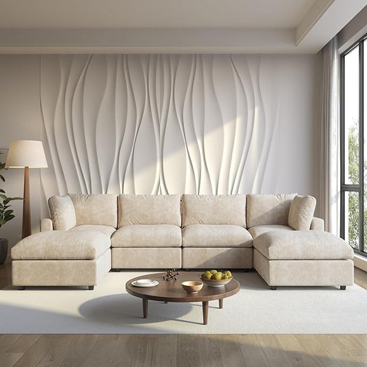 WJShome Cloud Couch Modular Sectional Sofa, 134" U Shaped Couch for Livingroom, Oversized Convertible Wide Seater with 2 Ottomans Living Room Set, Covers Washable&Replaceable,Khkai