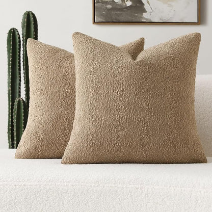 FUTEI Pack of 2 Khaki Decorative Throw Pillow Covers 18x18 Inch Soft Cozy Solid Boucle Textured Cushion Case,Modern Home Decor for Couch Bed Living Room