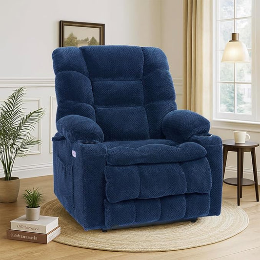 EONIX Wide Lay Flat Power Lift Recliner Chair for Elderly, Dual Motor Oversized Lift Chair with Heat and Massage and Cup Holders, 400lbs Heavy Duty Lift Recliner Sofa, Navy Blue