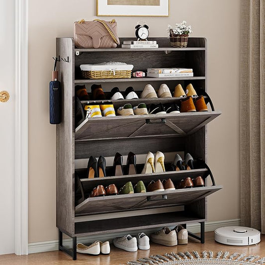 Shoe Storage Cabinet with 2 Flip Drawers, Narrow Wood Shoe Cabinet Storage for Entryway with Metal Legs & Hooks, Adjustable Shelves, Freestanding Shoe Rack Organizer for Foyer, Hallway, Grey