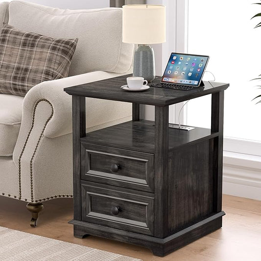 End Table with Fast USB C Charging Station,18" Wide Sofa Side Table with 2 Drawers, Large Storage Rustic Wood Square Storage Cabinet for Living Room, Bedroom, Office, Black