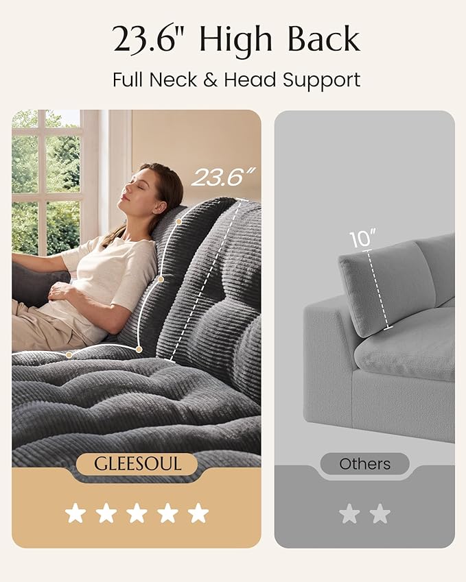 High Back Boneless Couch, Oversized U Shaped Cloud Couch with Versatile 2-Pack Pillow Blankets, Corduroy Modular Sectional Sofa with Ottoman, No Assemble Sectional Couches for Living Room