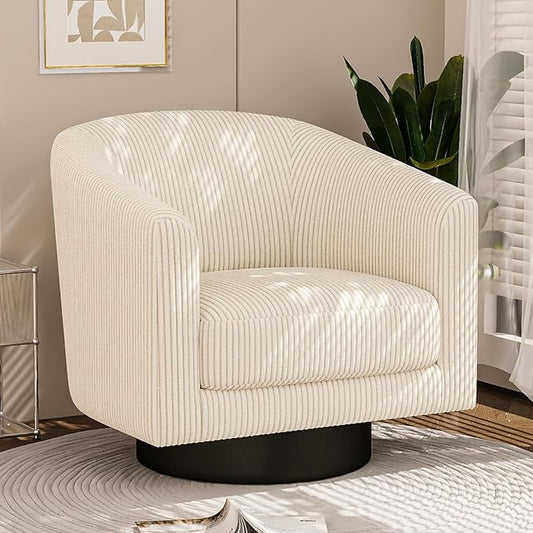 360° Swivel Accent Chairs, Modern Bucket Chair, Corduroy Barrel Armchair, Comfy Boucle Chair, Single Sofa for Living Room Bedroom. Cream White