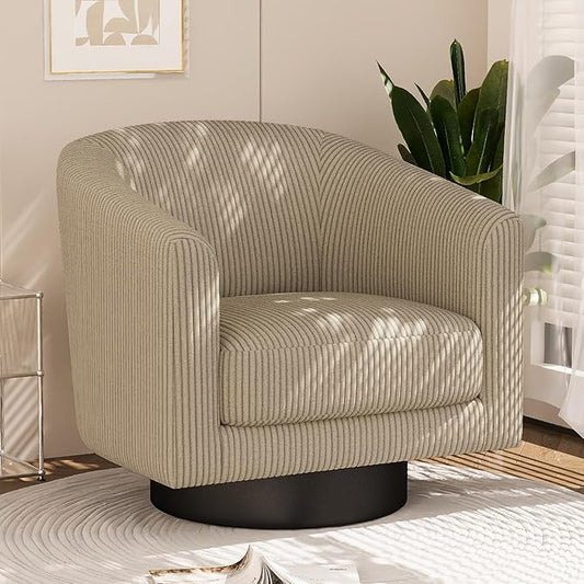360° Swivel Accent Chairs, Modern Bucket Chair, Corduroy Barrel Armchair, Comfy Boucle Chair, Single Sofa for Living Room Bedroom. Camel