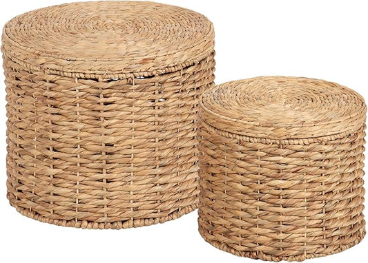 Kate and Laurel Halm Modern Woven Rattan Round Storage Side Tables, Set of 2, 20 x 17 and 16 x 14, Natural Rattan, Lift-Top End Tables for Use as Hidden Storage Baskets or Small Ottoman Tables