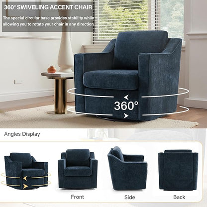 UIXE Swivel Accent Chair, Chenille Upholstered Arm Chair for Living Room, Modern Club Armchair Comfy Single Sofa Bedroom Reading Seat with Lumbar Pillow - Navy Blue