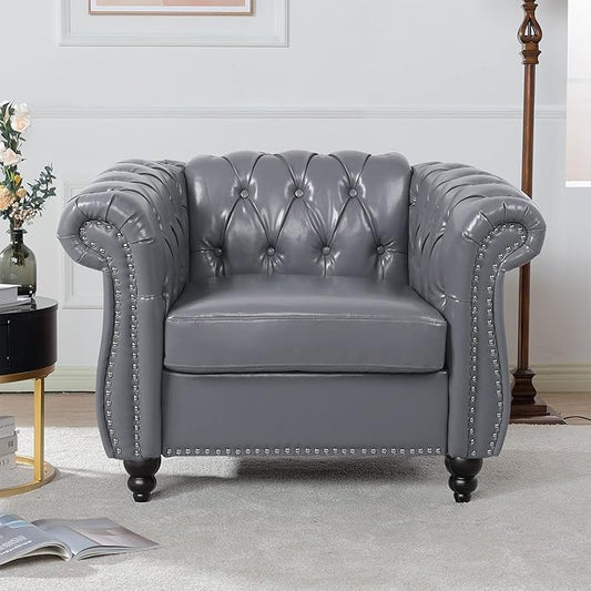 LEVNARY Leather Upholstered Armchair, Mid-Century Modern Single Sofa Chair with Rolled Arms and Nailhead, Tufted Pu Leather Chesterfield Chair for Home Bedroom Reading Room (Gray)