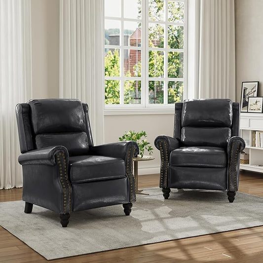 Faux Leather Recliner Chair, Modern Pushback Armchair with Adjustable Backrest & Footrest for Bedroom, Living Room (Black, Set of 2)