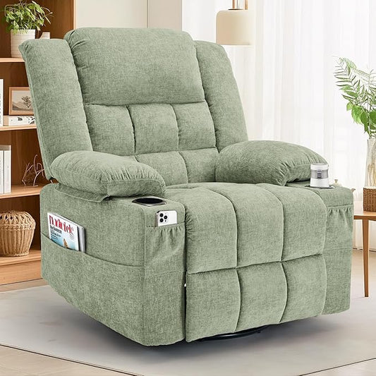 360° Swivel Rocker Recliner for Adults, Nursery Glider Recliner with Massage and Heating, Rocking Chair with Cup Holder, Manual Recliner Chair for Living Room, Bedroom (Fabric, Turquoise)