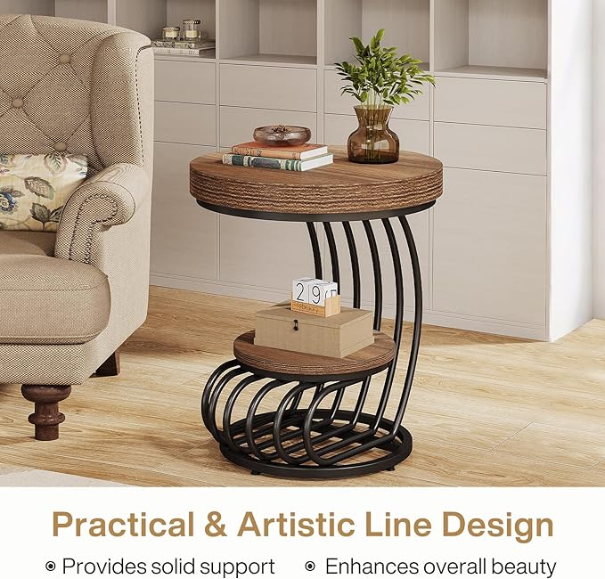 Tribesigns Round End Table, 2-Tier Farmhose Wood Side Table with Shelf Storage, Small Sofa Side Bedside Nightstand, Arc-Shaped Frame Accent Furniture for Living Room, Light Brown