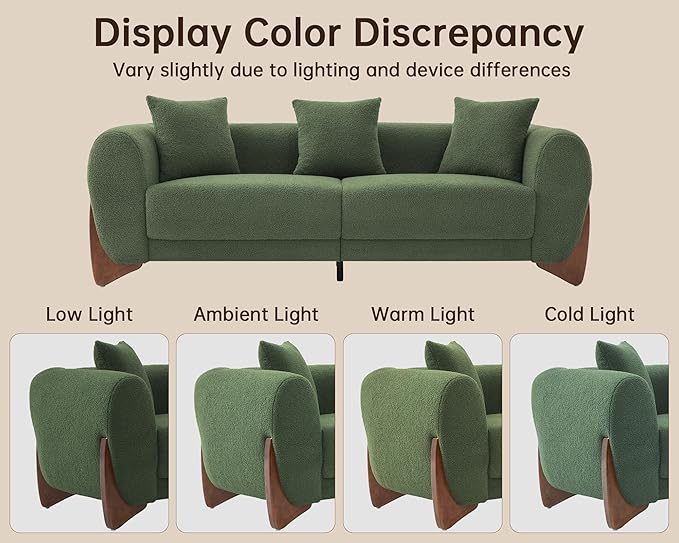 Morden Fort Modern Cloud Couch - 3 Seater Sherpa Boucle Sofa with Wood Legs, Ultra-Thick High Resilience Cushion with 3 Matching Pillows Upholstered Comfy Couch Sofa for Living Room - Forest Green