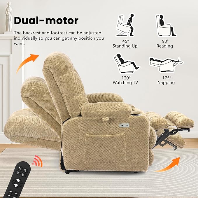 EONIX Wide Power Lift Recliner Chair for Elderly, 400lbs Heavy Duty Oversized Lift Chair with Heat and Massage, Lay Flat Power Lift Recliner with Cup Holders and Charging Ports, Beige