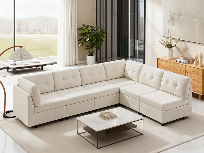 VANOMi 6 Seater Sectional Couches for Living Room, 118" Convertible Modular Cloud Sofa, Comfy Chenille Sofas & Couches for Living Room, Apartment, Office, Beige, L/U Shaped