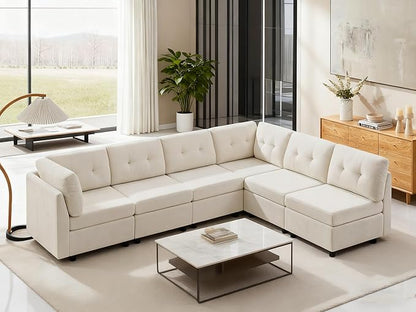 VANOMi 6 Seater Sectional Couches for Living Room, 118" Convertible Modular Cloud Sofa, Comfy Chenille Sofas & Couches for Living Room, Apartment, Office, Beige, L/U Shaped