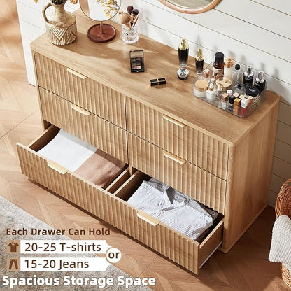 LEYAOYAO Fluted 6 Drawers Dresser Set of 2, 48" Wide Modern Chest of Drawers with Metal Handle, Natural Curved Profile Dresser TV Stand, Wooden Drawer Organizer for Bedroom, Living Room, Hallway