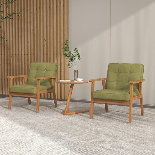 KCC Mid-Century Modern Linen Fabric Accent Chair, Upholstered Tufted Leisure Chair Comfy Reading Side Chair with Armrest and Solid Wood Frame for Living Room Bedroom Balcony(Green)