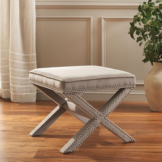 SAFAVIEH Home Collection Palmer Mushroom Taupe with Silver Nailhead Trim X-Bench Ottoman Foot Stool, Fully Assembled (MCR4589V)