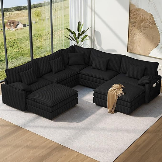 Vesgantti 108" V-Shaped Corner Couch Sectional, 7 Seat Customizable Modular Cloud Couches with Movable Ottoman, Corduroy Deep Seat Sofa Set with Chaise for Living Room, Bedroom and Apartment, Black