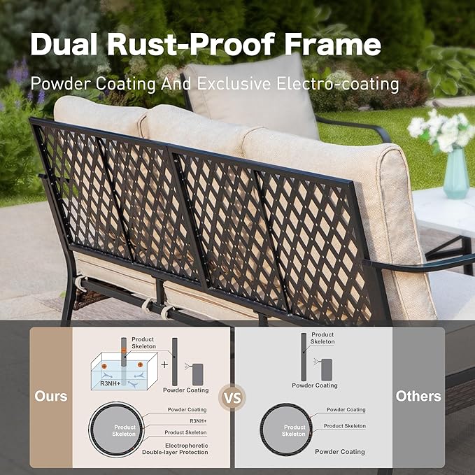 6 Piece Metal Outdoor Patio Furniture Set, Patio Conversation Set 1 3-Seater Sofa, 2 Fixed Sofa, 2 Rocking Sofa with 5.75" Thick Cushion & Coffee Table Black Backyard Furniture, Beige
