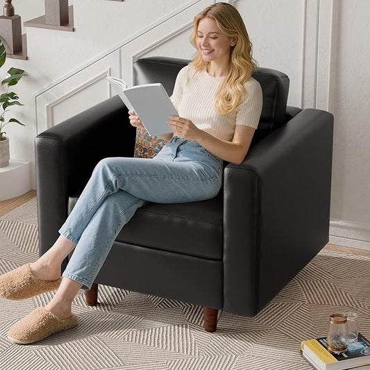 ABCASA Faux Leather Oversized Accent Chair with Storage Deep Seat Single Sofa Large Reading Armchair for Living Room Bedroom Office Black