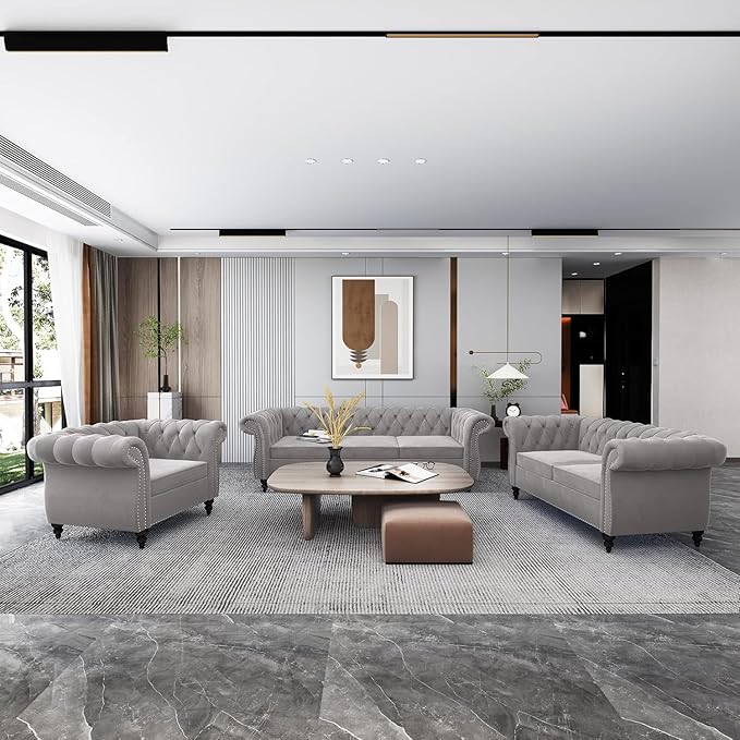 Living Room Chair, Modern Velvet Chesterfield Sofa Chair, Mid Century Single Sofa Couch Chair with Tufted Back and Rolled Arms, Accent Sofa Chair for Living Room Apartment, Grey