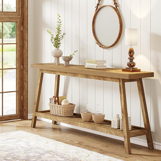 Tribesigns Farmhouse Console Entryway Table: 70.9 Inches Extra Long Console Table for Entryway, 2-Tier Narrow Wood Foyer Sofa Couch Table for Hallway, Entrance, Living Room, Yellow Brown