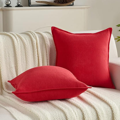 FUTEI Christmas Red Chenille Throw Pillow Covers 22x22 Inch Set of 2,Edges Double-Stitched Cushion Cases,Modern Home Decor for Couch Living Room
