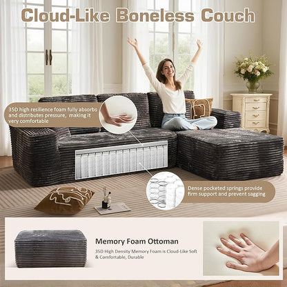 133.1'' Boneless Sectional Couches for Living Room, Oversized Cloud Couch with Chaise & Ottoman, Modular Sofa Sets Deep Seat Plush Corduroy, No Assembly Required,Plush Corduroy,Gray