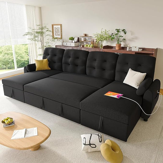 Ucloveria Sleeper Sofa Bed, 112" U Shaped Sectional Sofa Couches for Living Room, Pull Out Couch Bed with Dual Reversible Storage Chaise | Charging Station | Side Pockets | Removable Backrest
