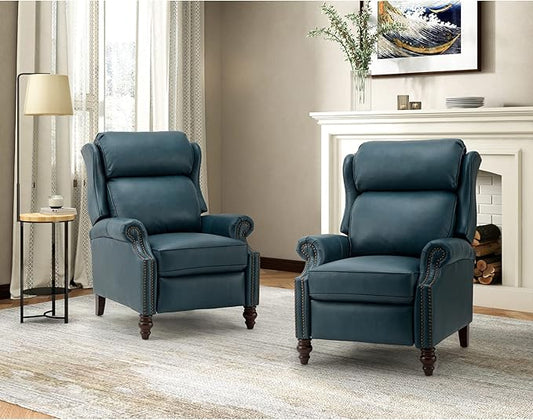 HULALA HOME Genuine Leather Recliner Chair, Traditional Manual Pushback Comfy Seating for Living Room, Thick Cushion & Solid Wood Legs, Wingback Recliner with Nailhead Trim, Turquoise-S2