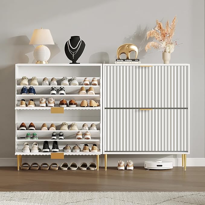 SICOTAS Fluted Shoe Cabinet Storage for Entryway with 4 Flip Drawers-11.8"Deep Freestanding Shoe Organizer Cabinet with 6-tier Shelves, Large 40 Pairs Shoes Rack Cabinet for Foyer Hallway, White, 2PCS