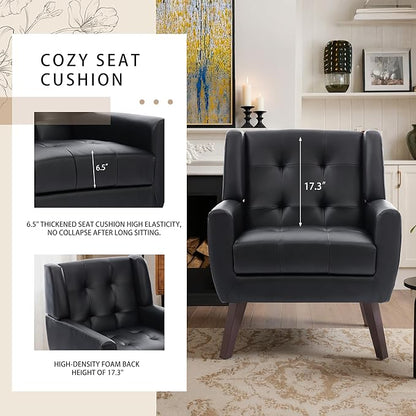 Faux Leather Accent Chair, Mid-Century Modern Upholstered Armchair, Comfy Living Room Chairs Reading Chairs with Button Tufted Back & Solid Wood Legs for Bedroom, Office, Black