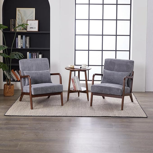 Accent Chairs, Set of 2 Mid-Century Modern Chair with Pillow, Armchair with Solid Wood, Reading Relaxing Leisure Chair for Living Room（Dark Grey）