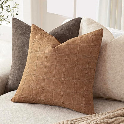 Foindtower Set of 2 Decorative Linen Check Throw Pillow Covers Neutral Farmhouse Vintage Cushion Covers Modern Boho Home Decor for Sofa Chair Couch Bedroom Living Room,16×16 Inch,Brick