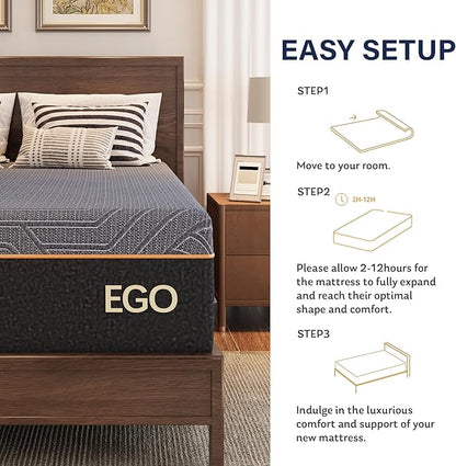 MLILY EGOHOME 14 Inch Full Mattress, Copper Gel Memory Foam Mattress for Pain Relief, Therapeutic Mattress in a Box, CertiPUR-US Certified, Fiberglass Free Medium Mattress, Black