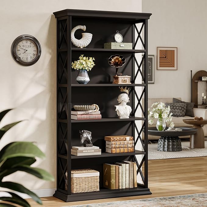 Tribesigns 71-Inch Tall Bookcase, 5-Tier Industrial Metal Bookshelf, Large Etagere Bookcases and Bookshelves, Freestanding Display Shelves for Living Room, Bedroom, Black (Set of 2)