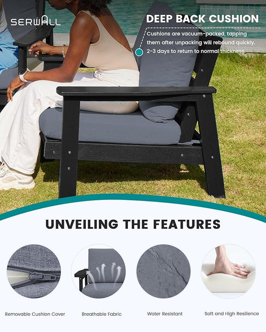 SERWALL Patio Furniture Set with 33” Fire Pit Table, HDPE Outdoor Sectional Sofa Set with Thickened Cushions, Black Frame with Grey Cushions