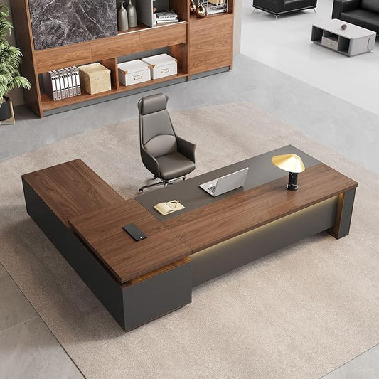 L-Shaped Executive Desk with LED Lights, Lockable Storage & 3-in-1 Charging Station, Reversible Cabinet, Modern Wood Office Desk for CEO, Manager & Home Office(Red Walnut+Black, 63"L*63"W*30"H)