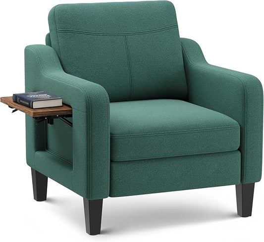 Accent Chair for Living Room Modern Linen Upholstered Armchair Side Wooden Fabric Sofa Chair with Foldable Table 2 Side Pockets Comfy Reading Chair for Bedroom