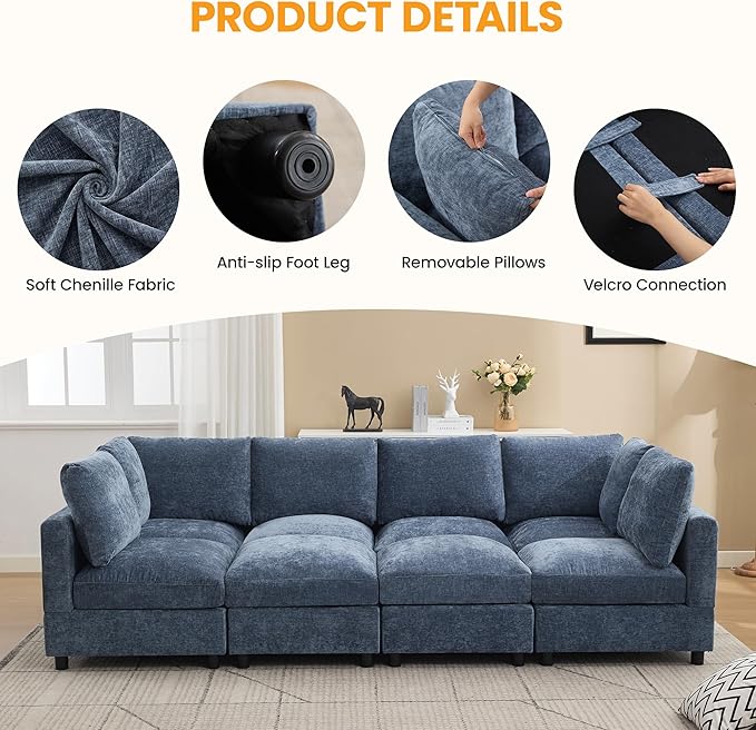 Modular Sectional Cloud Sofa Bed, 8-Seater Convertible Sofa Couch with Ottoman, Modern Deep Seat Sleeper Sofa for Living Room, Chenille Blue
