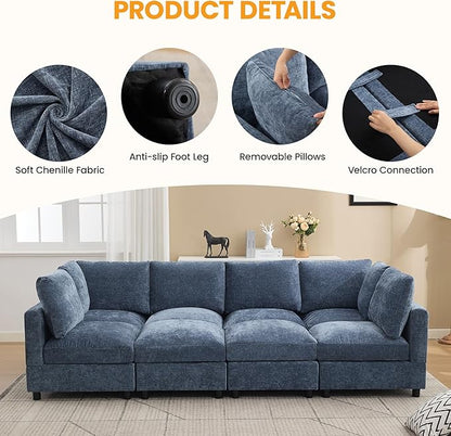 Modular Sectional Cloud Sofa Bed, 8-Seater Convertible Sofa Couch with Ottoman, Modern Deep Seat Sleeper Sofa for Living Room, Chenille Blue