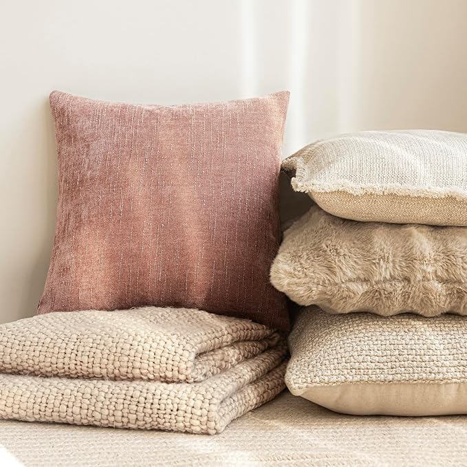 Foindtower Pack of 2 Textured Chenille Throw Decorative Pillow Covers Square Accent Solid Cushion Cover Neutral Farmhouse Pillow Case for Couch Sofa Bedroom Living Room 20x20 Inch,Dusty Pink