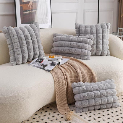 Neelvin Grey Faux Fur Cozy Soft Plaid Decorative Throw Pillow Covers 18x18 inch Set of 2,Velvet Pillowcase Cushion Case for Sofa Couch