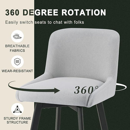 Swivel Bar Stools Set of 2, 26''H Upholstered Barstools with Backs, Modern Counter Height Bar Stool Chairs for Kitchen Island, Metal Legs, Fabric, Light Gray Counter Stools