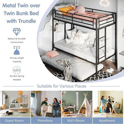 SUNLEI Bunk Bed Twin Over Twins with Trundle, Metal Loft Bed with 2 Secured Ladders, Trundle Beds Twin Safety Guard, Space-Saving, Noise Free for Small Bedroom, Black (Twin Over Twins)